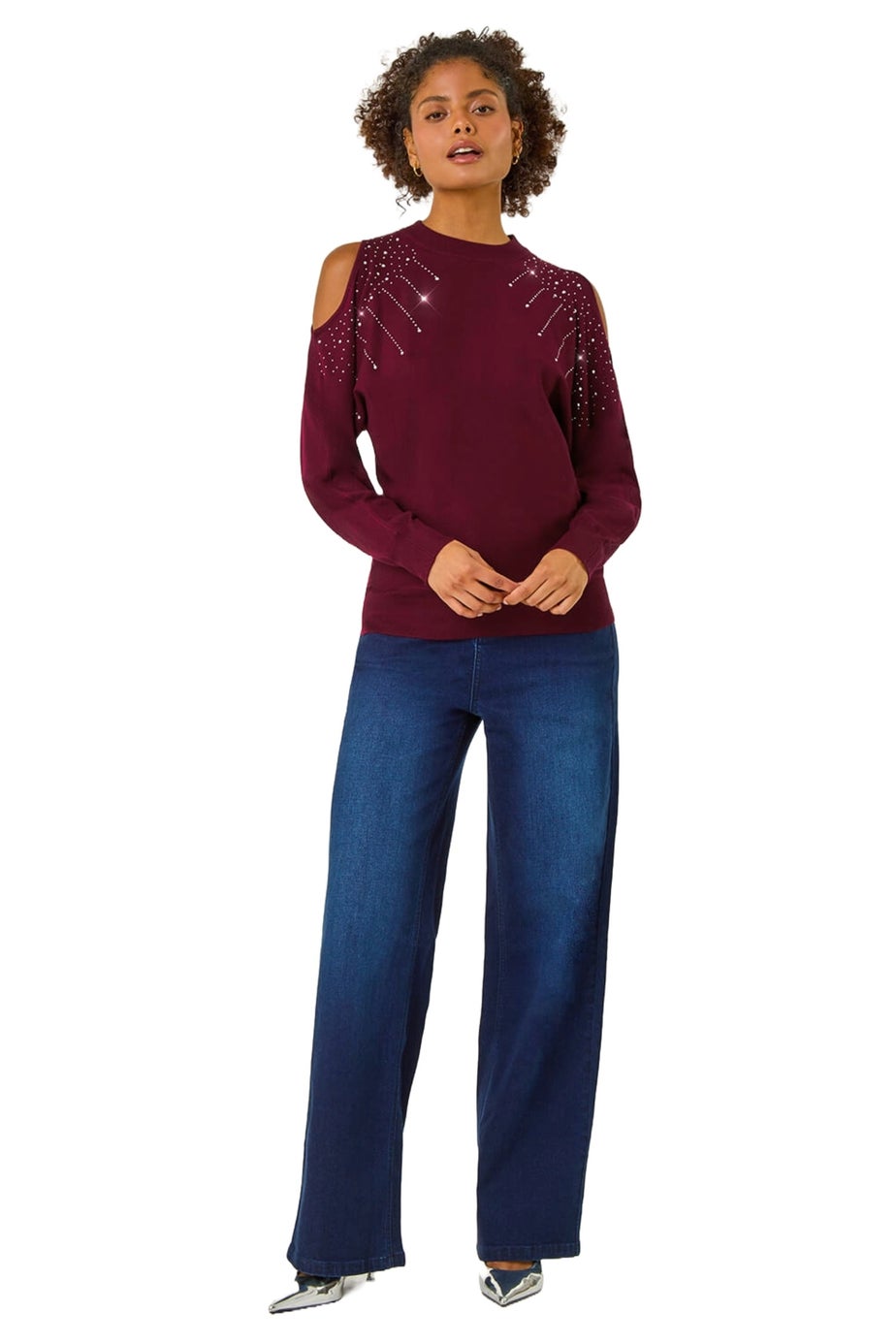 Dusk Wine Embellished Cold Shoulder Knit Jumper