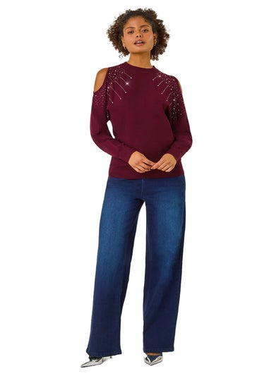 Dusk Wine Embellished Cold Shoulder Knit Jumper