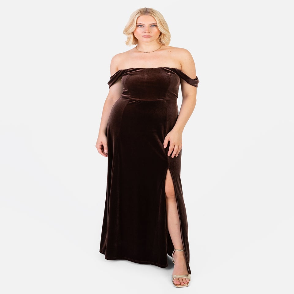 Maya Deluxe Chocolate Velvet Bardot Dress