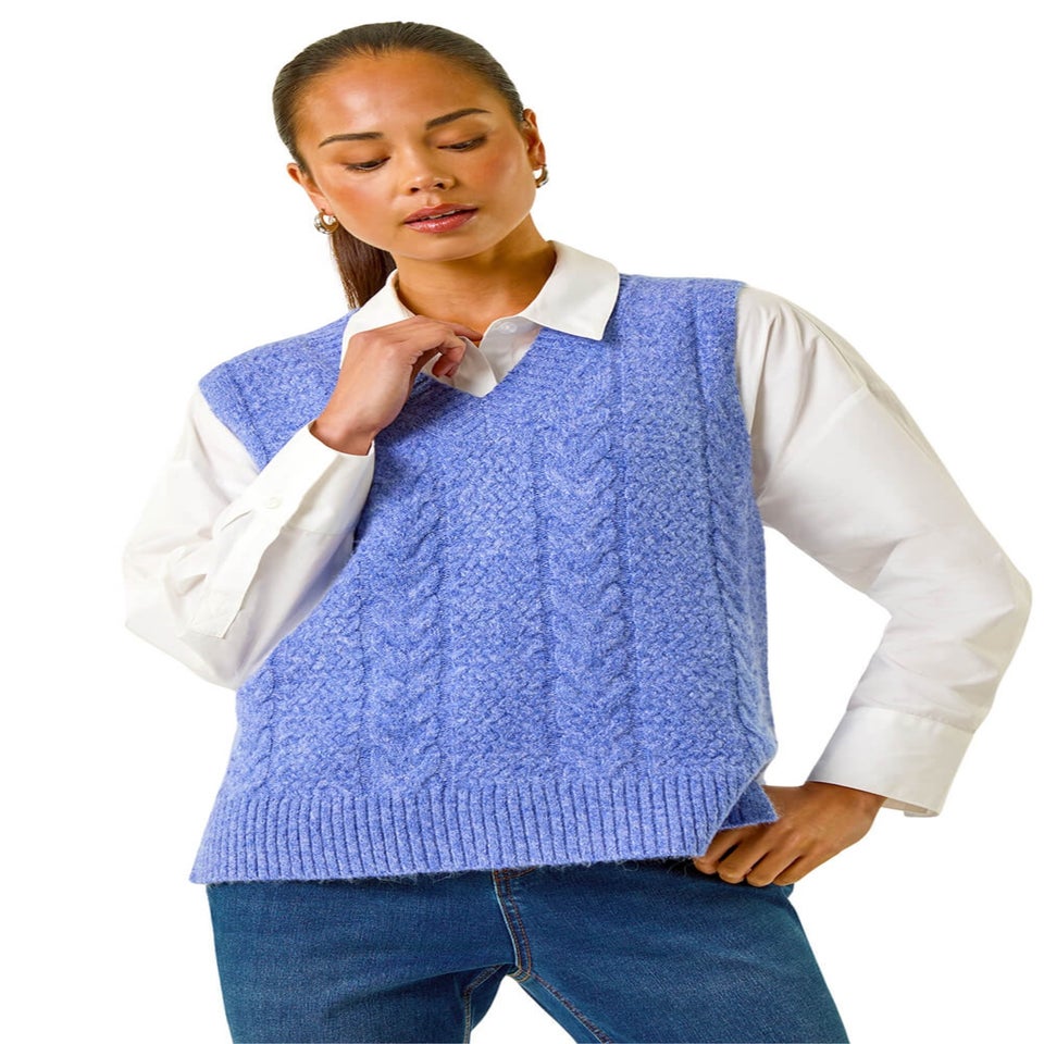 Roman Blue Petite V-Neck Cable Knit Sleeveless Vest