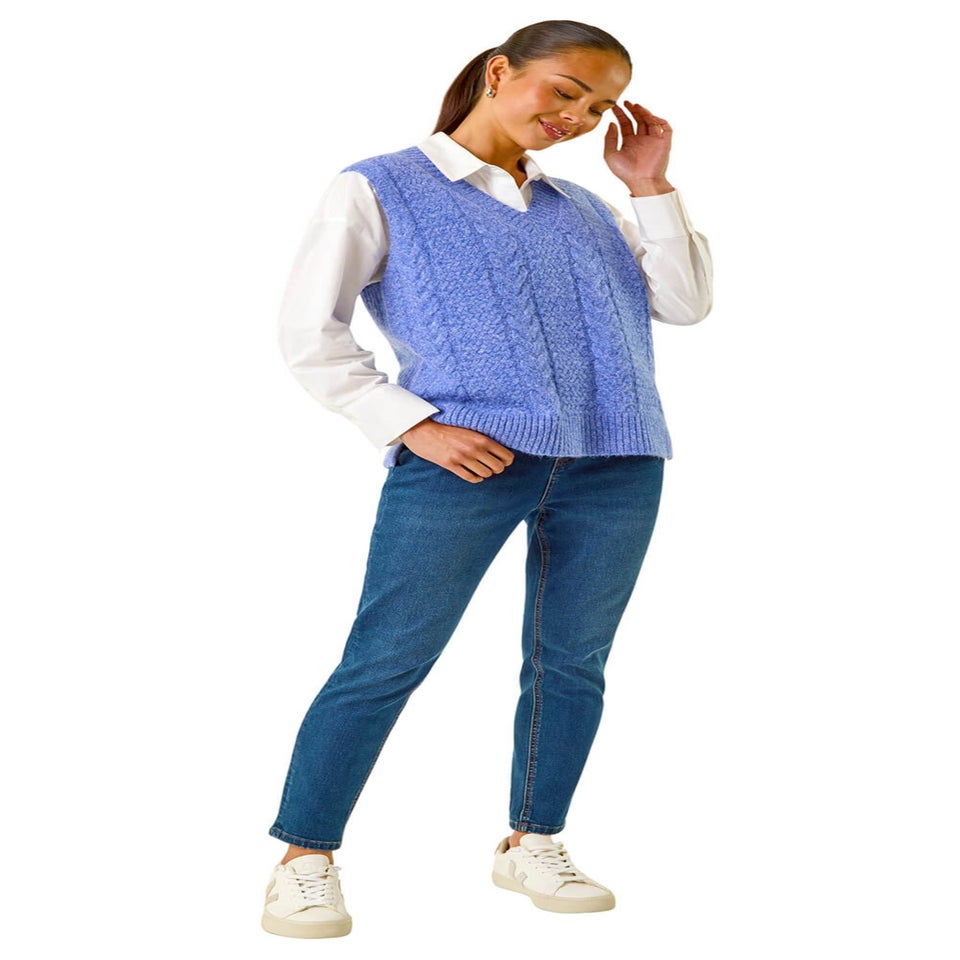 Roman Blue Petite V-Neck Cable Knit Sleeveless Vest