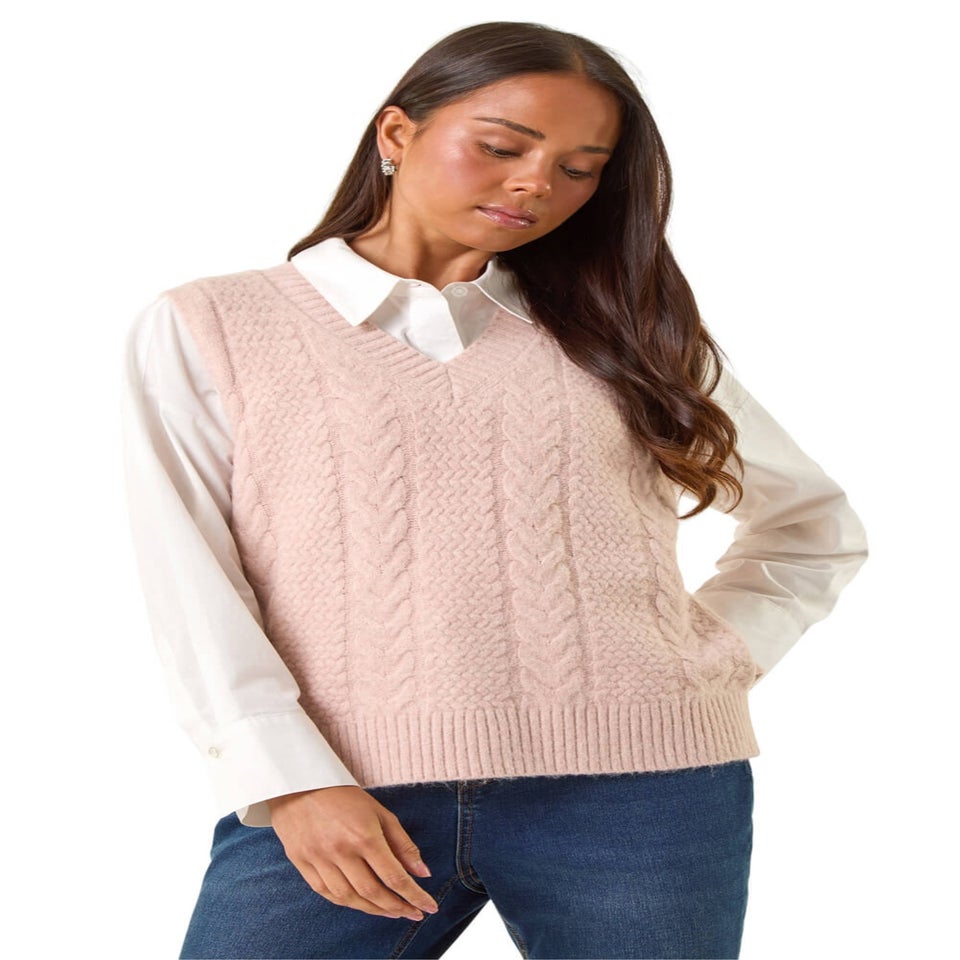 Roman Light Pink Petite V-Neck Cable Knit Sleeveless Vest