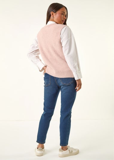 Roman Light Pink Petite V-Neck Cable Knit Sleeveless Vest