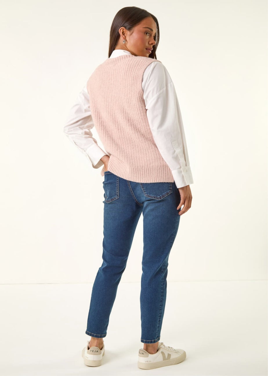 Roman Light Pink Petite V-Neck Cable Knit Sleeveless Vest