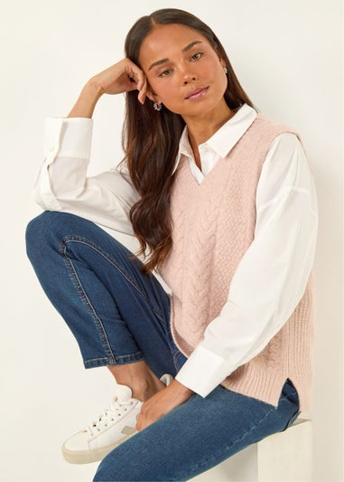 Roman Light Pink Petite V-Neck Cable Knit Sleeveless Vest