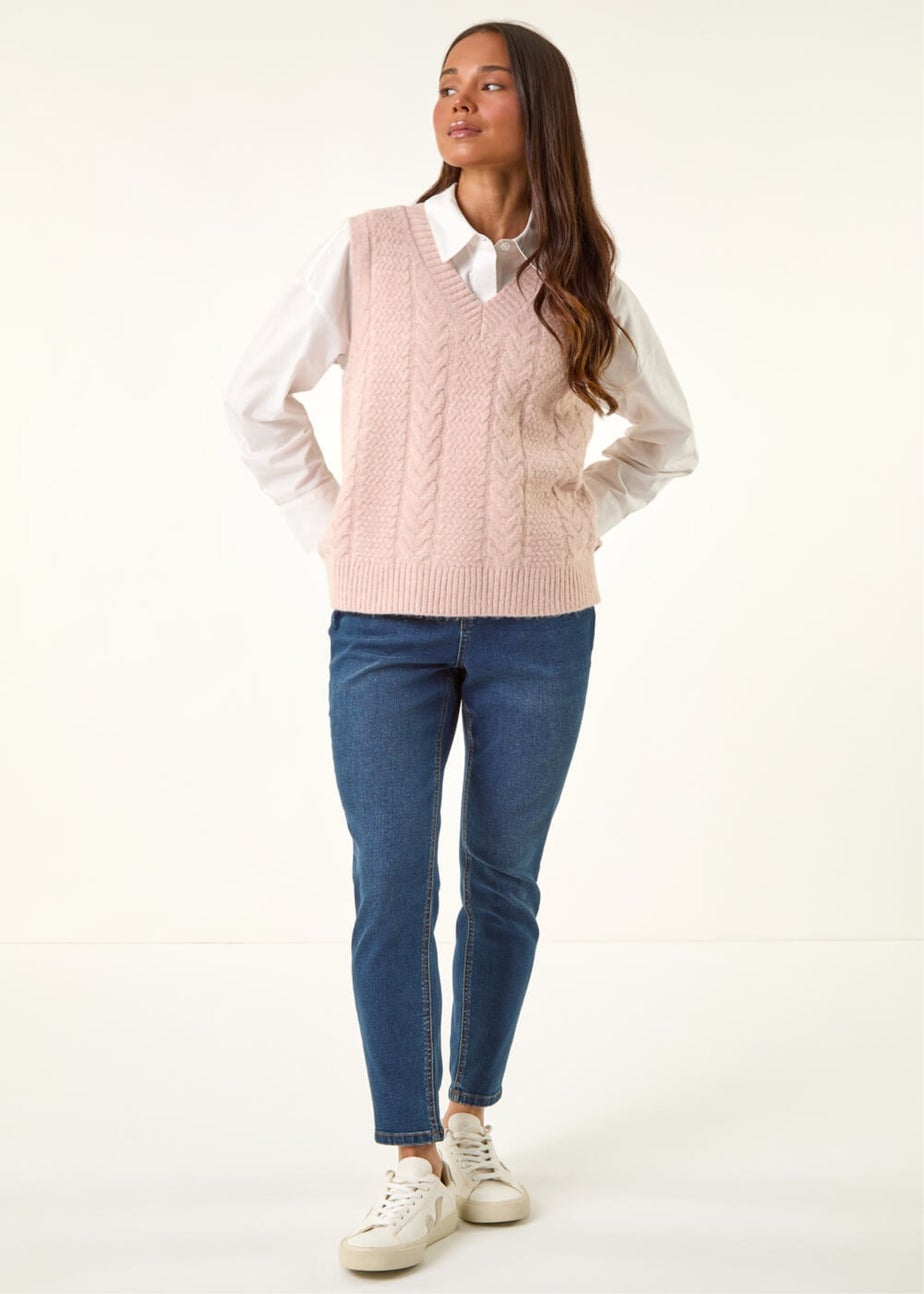Roman Light Pink Petite V-Neck Cable Knit Sleeveless Vest