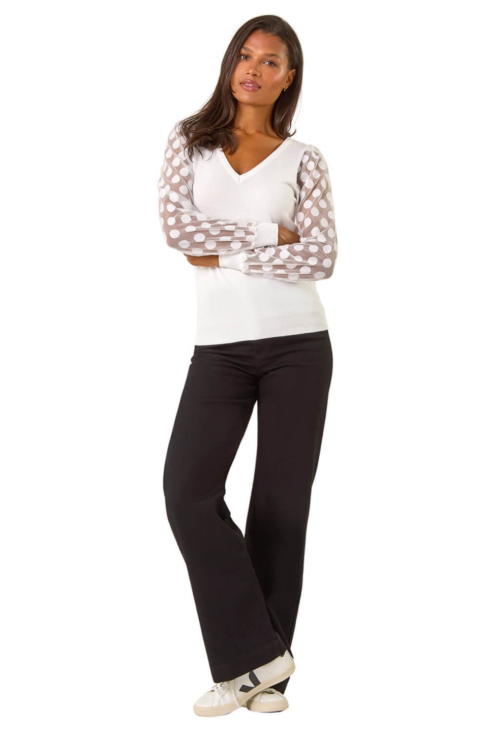 Roman Ivory Polka Dot V-Neck Sleeve Knit Jumper