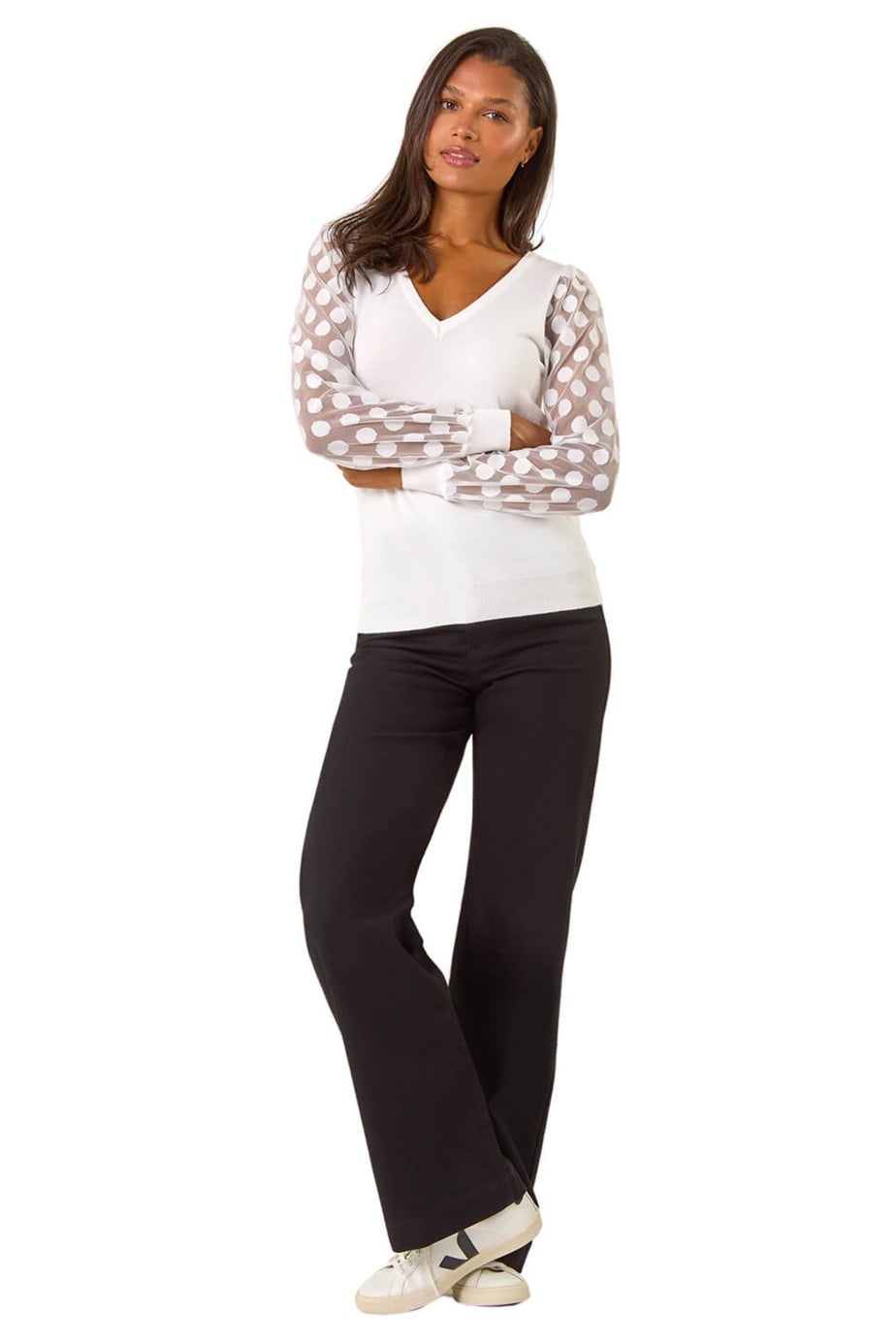 Roman Ivory Polka Dot V-Neck Sleeve Knit Jumper