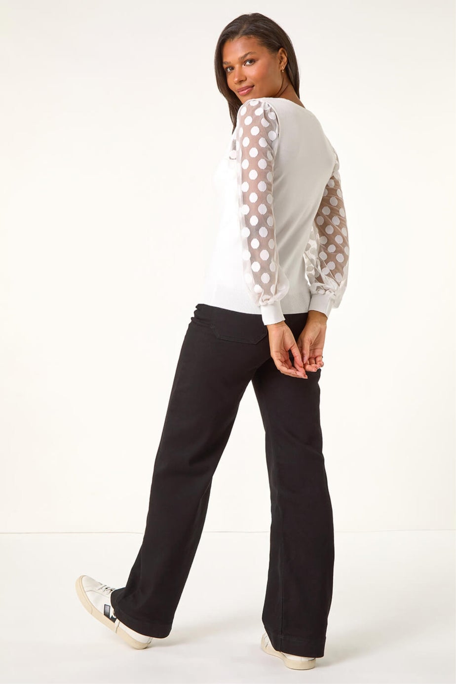 Roman Ivory Polka Dot V-Neck Sleeve Knit Jumper