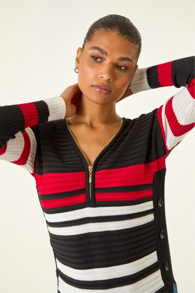 Roman Black Stripe Zip Front Ribbed Knit Jumper