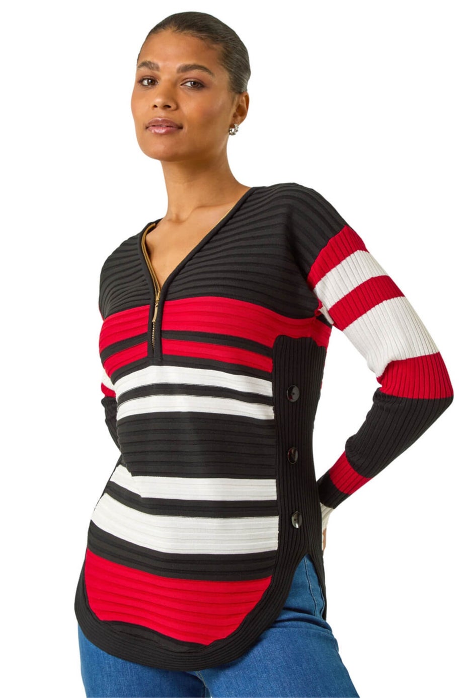 Roman Black Stripe Zip Front Ribbed Knit Jumper