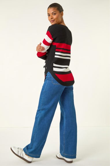 Roman Black Stripe Zip Front Ribbed Knit Jumper