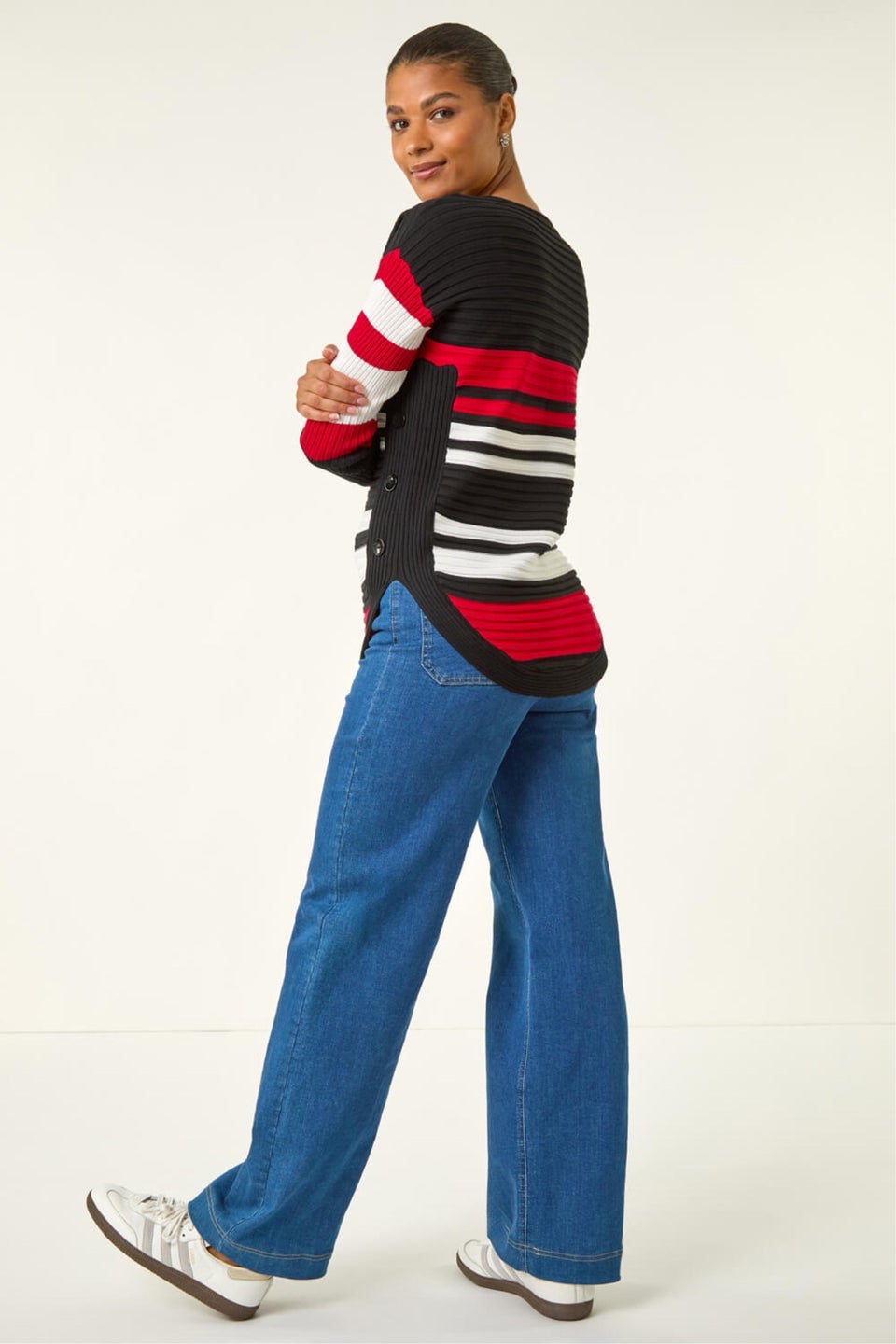 Roman Black Stripe Zip Front Ribbed Knit Jumper