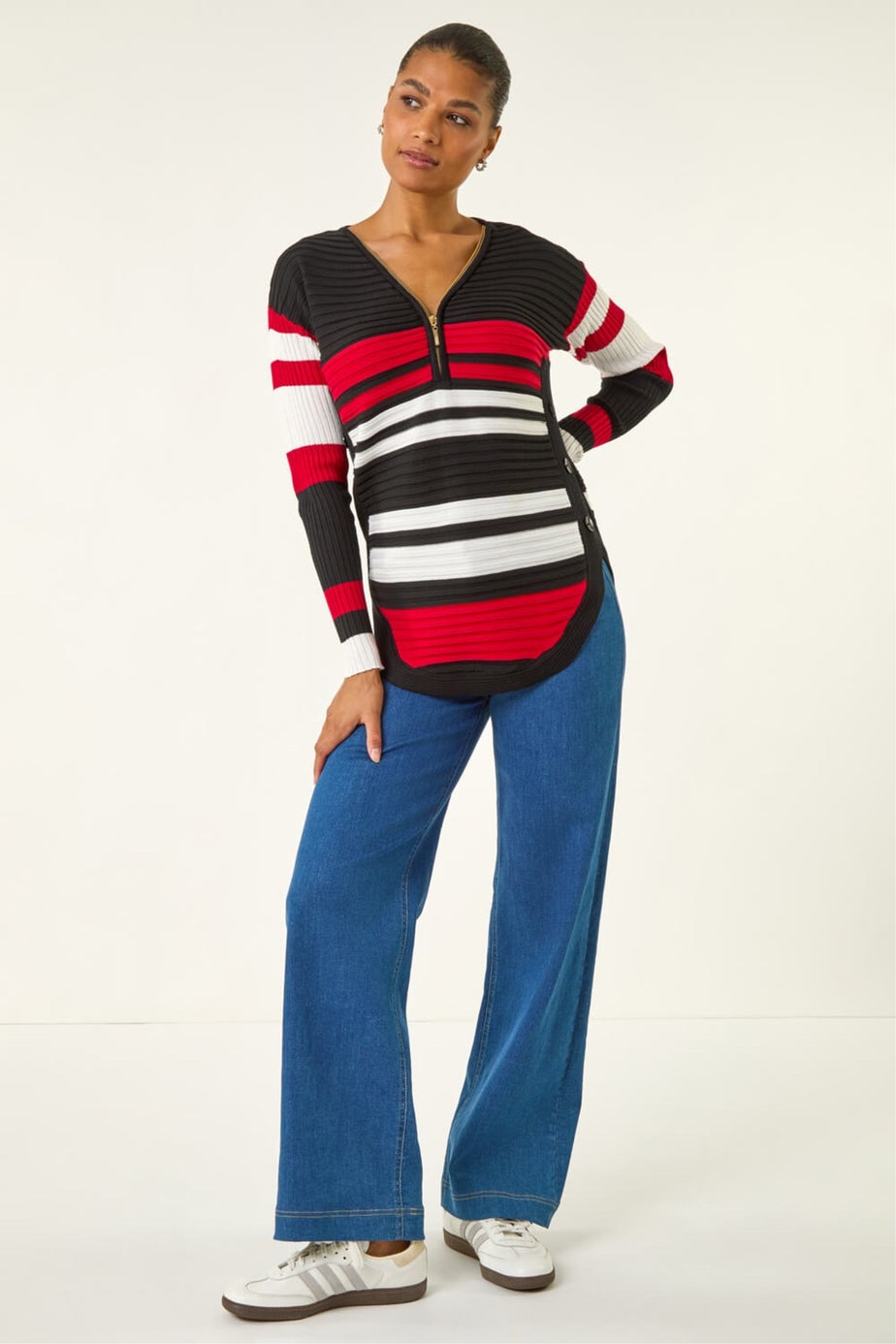 Roman Black Stripe Zip Front Ribbed Knit Jumper