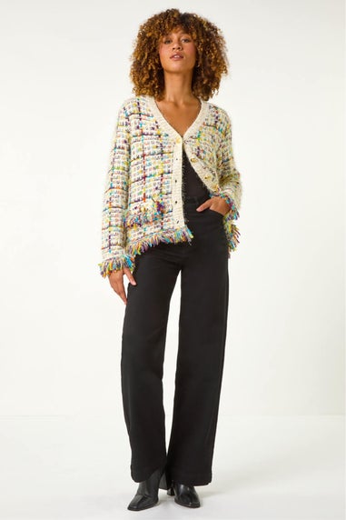 Roman Ivory Textured Fringe Knit Cardigan