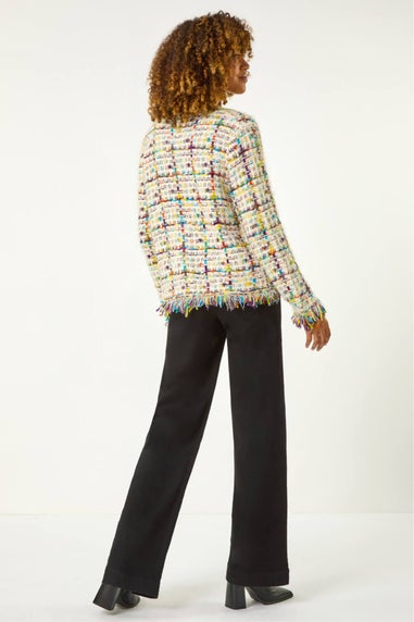 Roman Ivory Textured Fringe Knit Cardigan