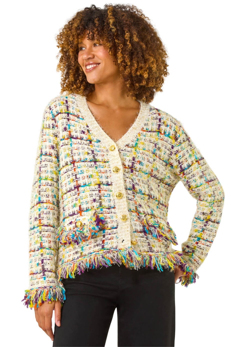 Roman Ivory Textured Fringe Knit Cardigan