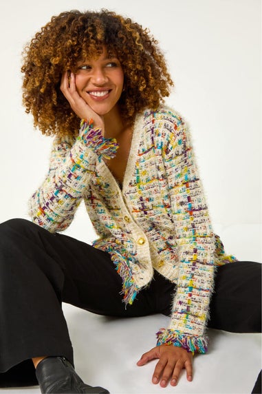 Roman Ivory Textured Fringe Knit Cardigan
