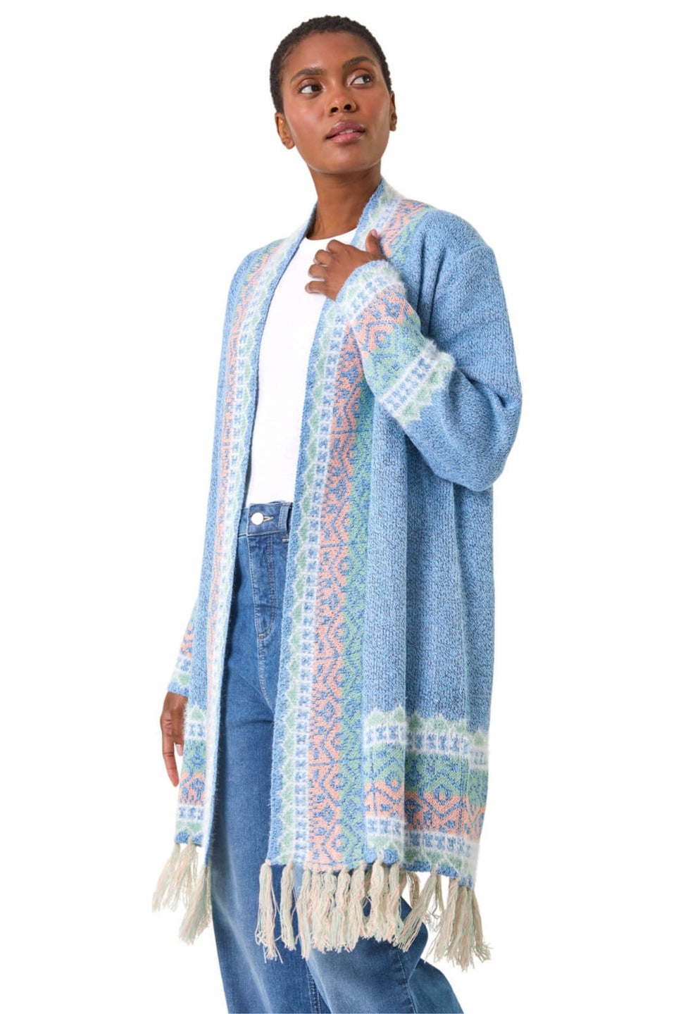 Roman Light Blue Patterened Fringe Cardigan