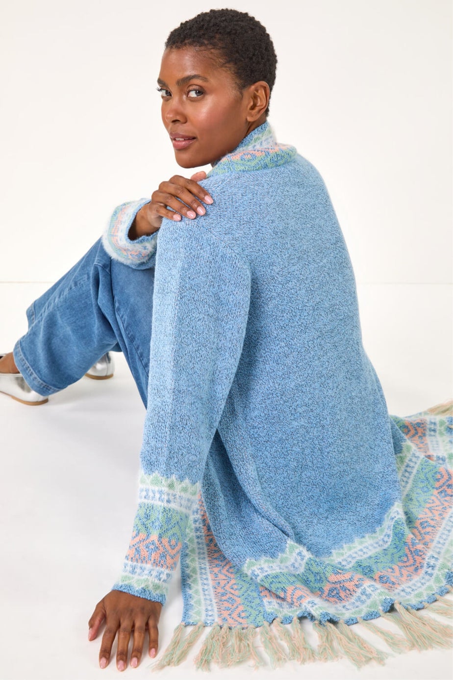 Roman Light Blue Patterened Fringe Cardigan