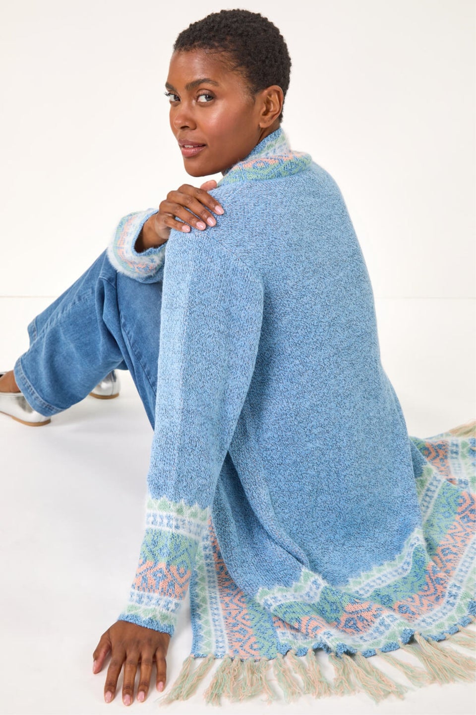 Roman Light Blue Patterened Fringe Cardigan