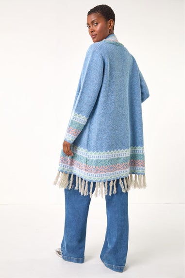 Roman Light Blue Patterened Fringe Cardigan
