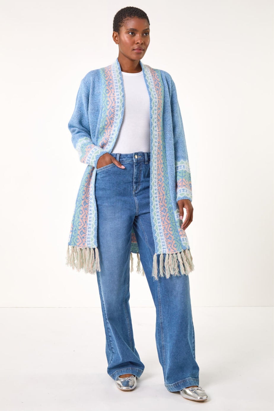 Roman Light Blue Patterened Fringe Cardigan