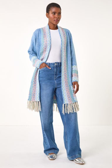 Roman Light Blue Patterened Fringe Cardigan