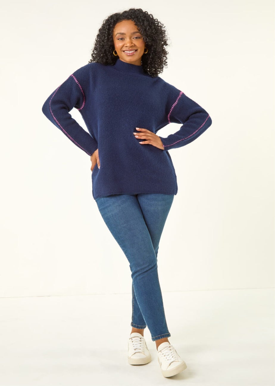 Roman Navy Petite Contrast Stitch Jersey Jumper