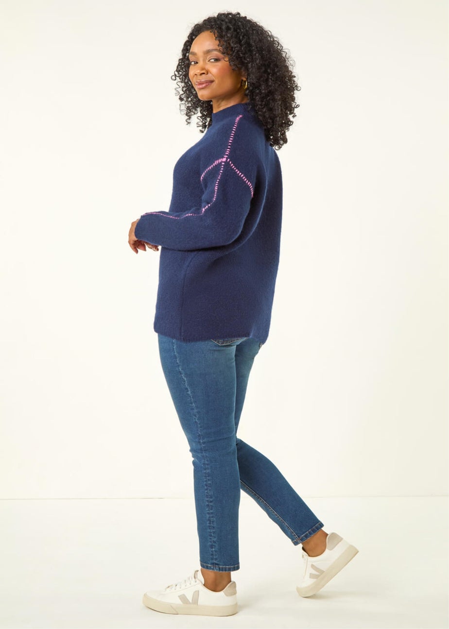 Roman Navy Petite Contrast Stitch Jersey Jumper