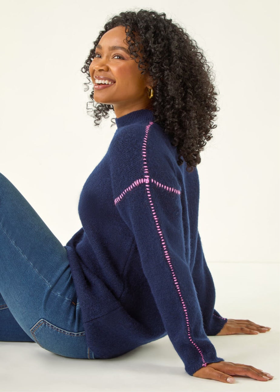 Roman Navy Petite Contrast Stitch Jersey Jumper