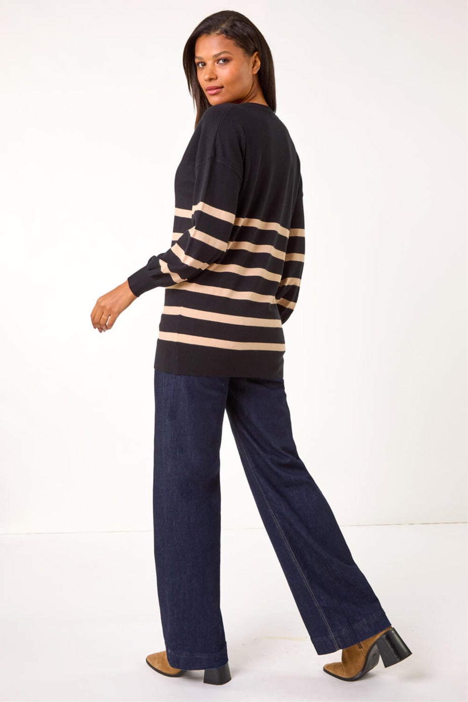 Roman Black Stripe V-Neck Boyfriend Knit Jumper