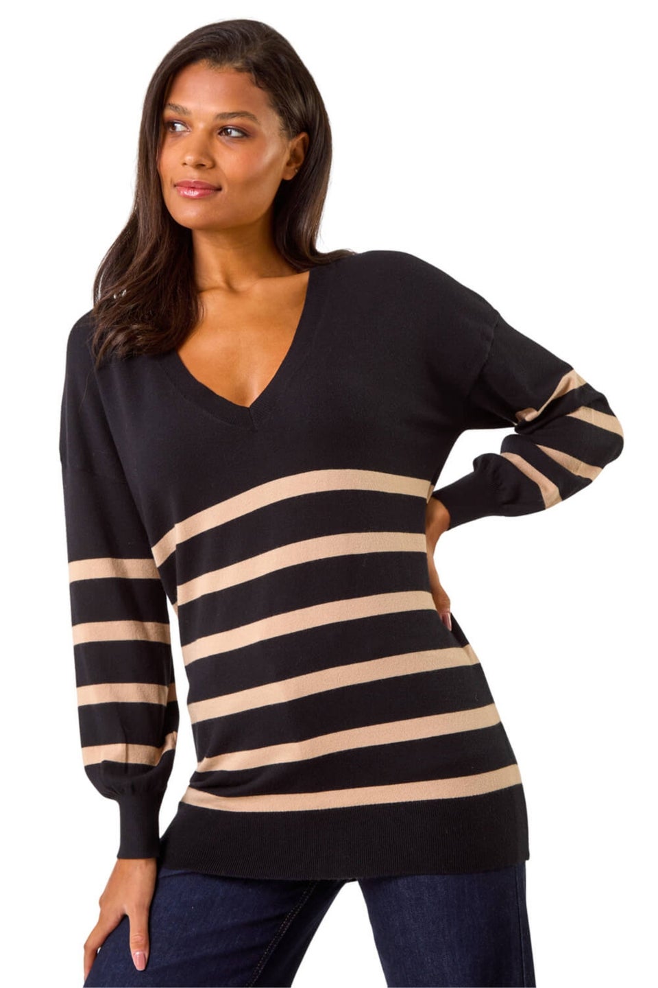 Roman Black Stripe V-Neck Boyfriend Knit Jumper