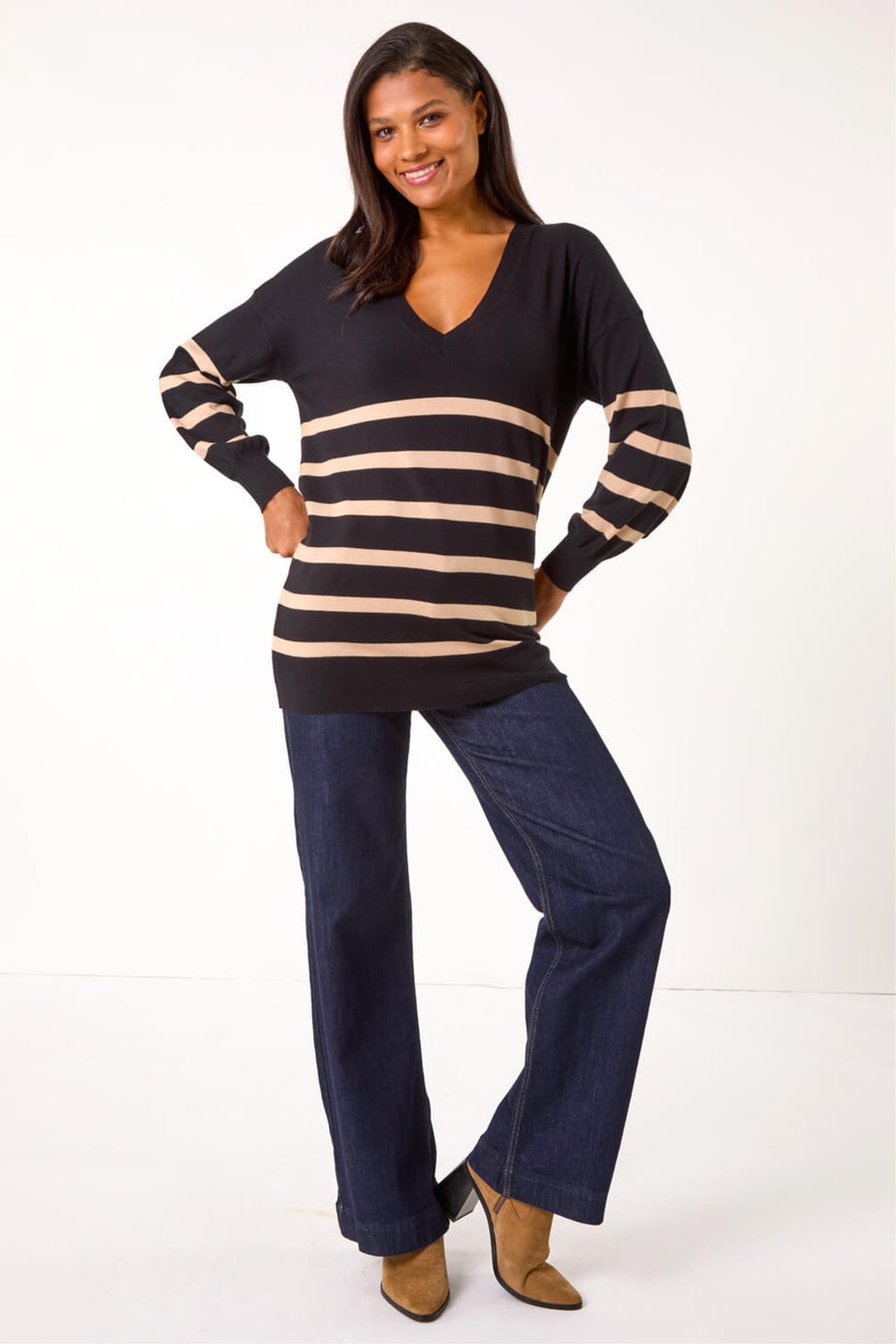 Roman Black Stripe V-Neck Boyfriend Knit Jumper