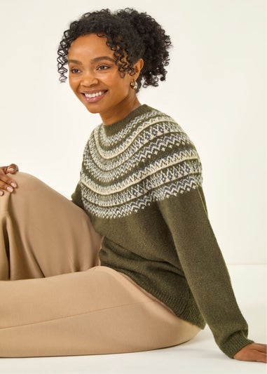 Roman Khaki Petite Metallic Fairisle Jumper