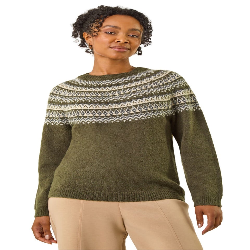 Roman Khaki Petite Metallic Fairisle Jumper