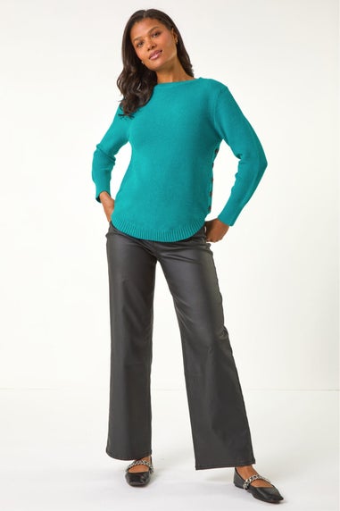 Roman Teal Textured Curved Hem Jumper