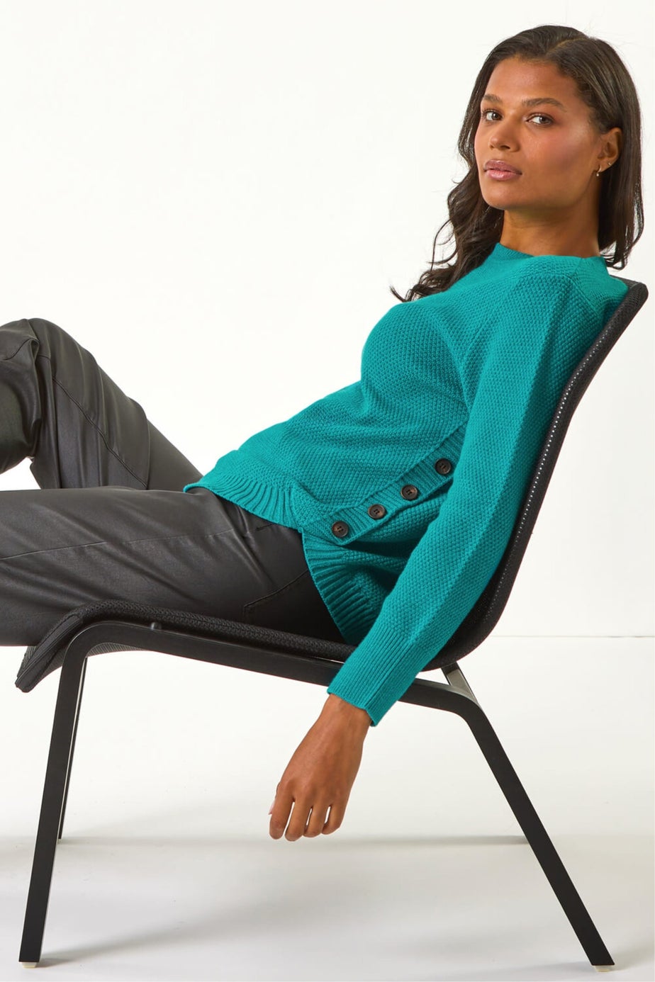 Roman Teal Textured Curved Hem Jumper