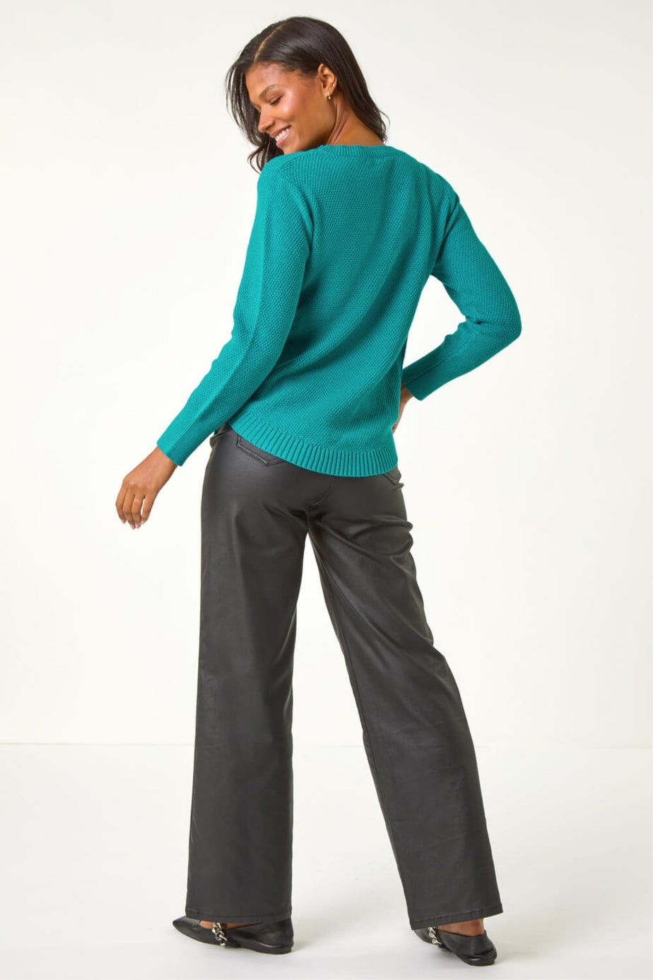Roman Teal Textured Curved Hem Jumper