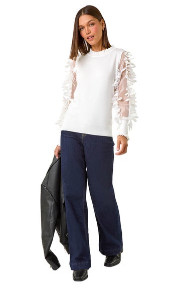 Roman Ivory Sheer Feather Sleeved Jumper