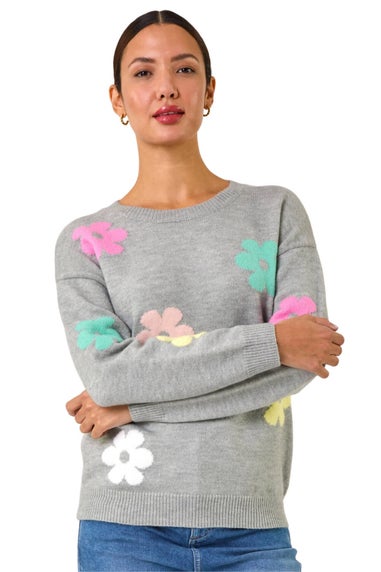 Roman Grey Floral Print Jacquard Knit Jumper