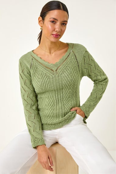 Roman Khaki Scallop V-Neck Knit Jumper