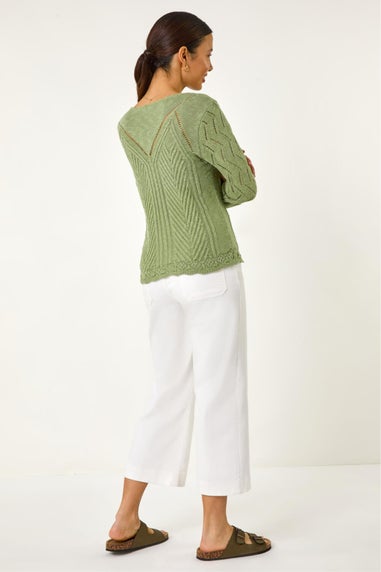 Roman Khaki Scallop V-Neck Knit Jumper