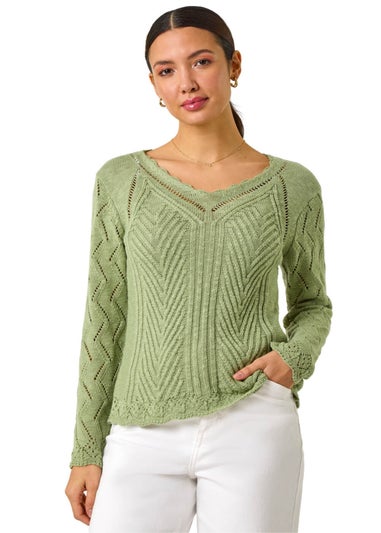 Roman Khaki Scallop V-Neck Knit Jumper