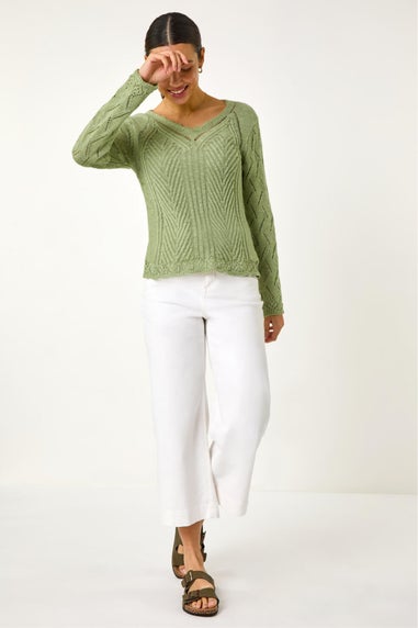 Roman Khaki Scallop V-Neck Knit Jumper