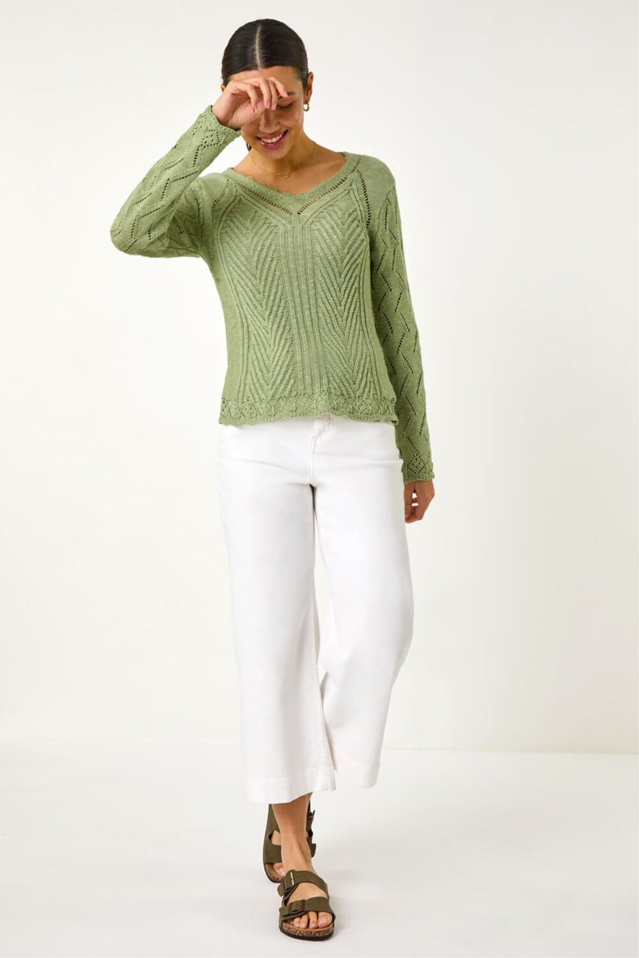 Roman Khaki Scallop V-Neck Knit Jumper