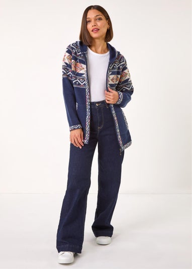 Roman Navy Jacquard Zip Through Knit Cardigan