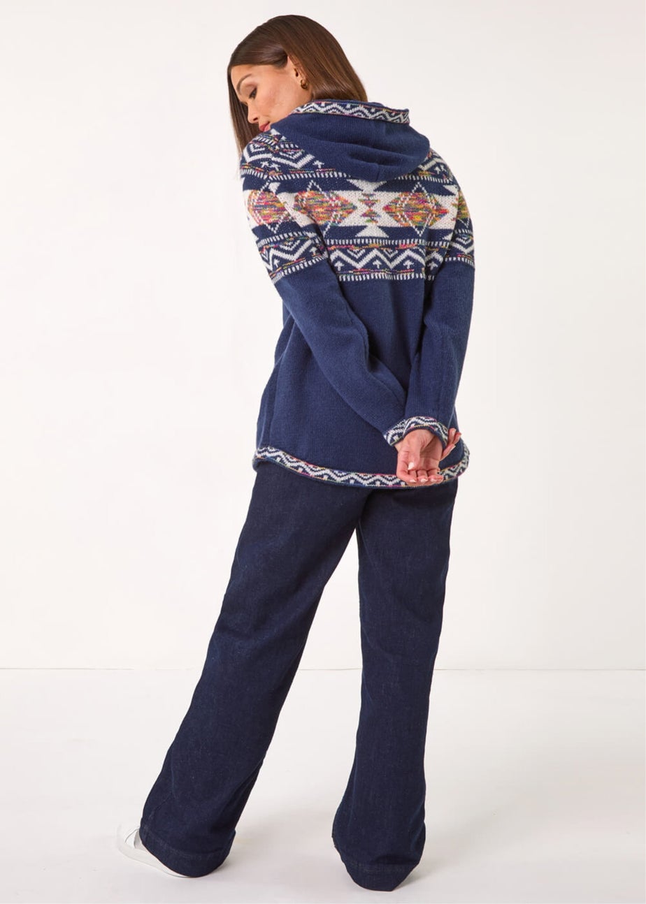 Roman Navy Jacquard Zip Through Knit Cardigan