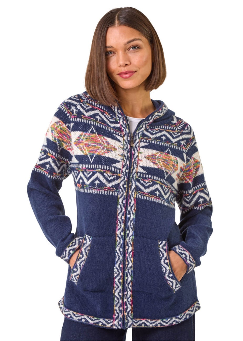 Roman Navy Jacquard Zip Through Knit Cardigan