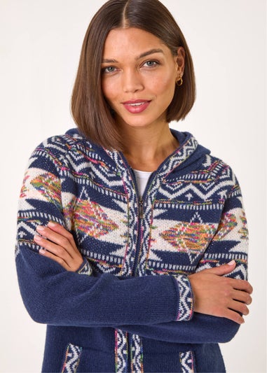 Roman Navy Jacquard Zip Through Knit Cardigan